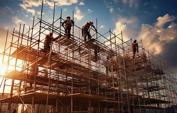 Construction scaffolding and workers at a Kushal Steel project site
